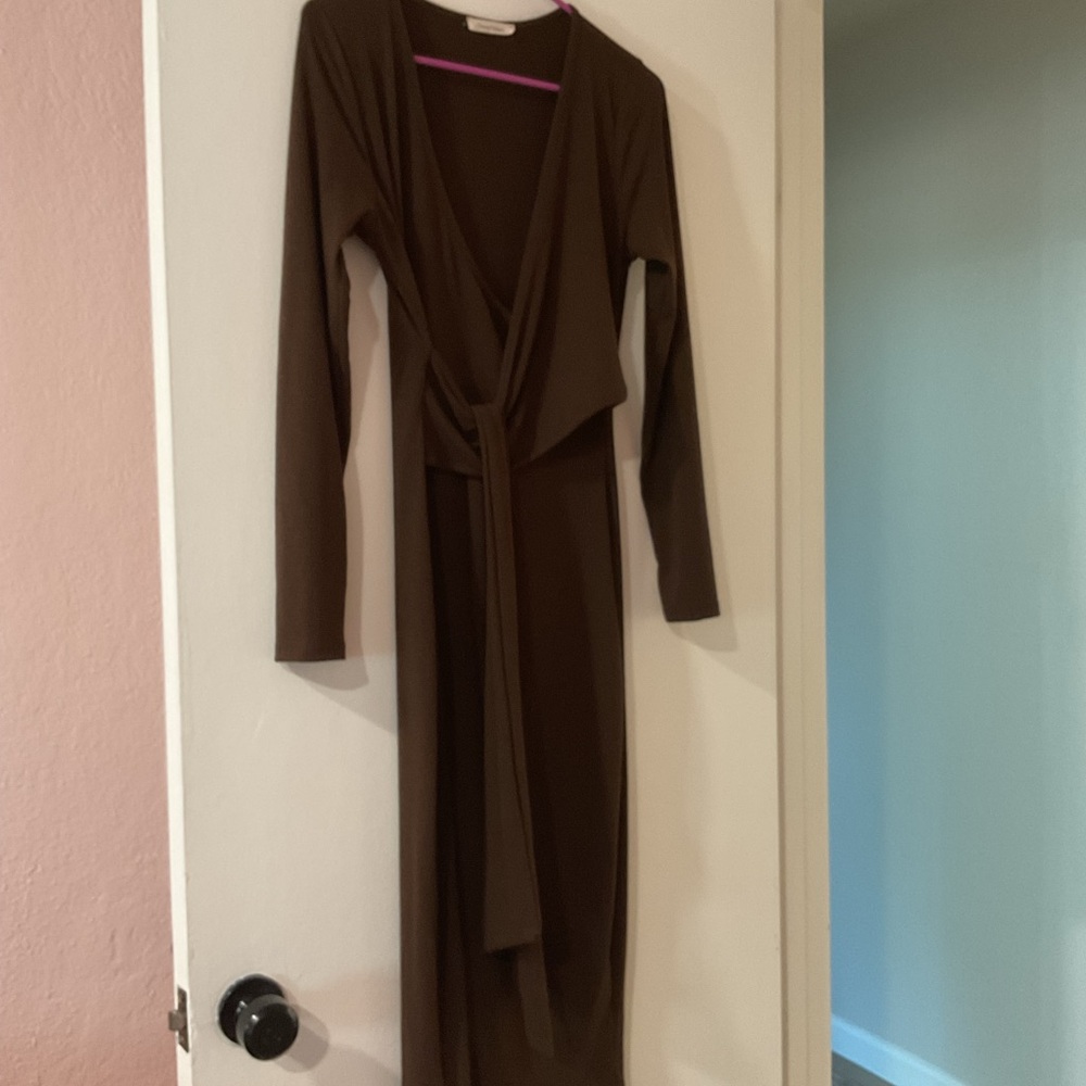 Brown Ribbed Long Sleeve Maternity Wrap Dress